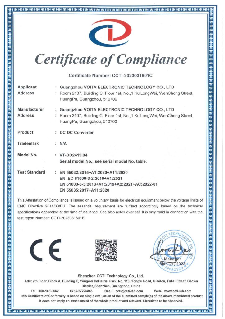 CE EMC Certificate - VOITATOP DC DC Converter VT-DD2419.34