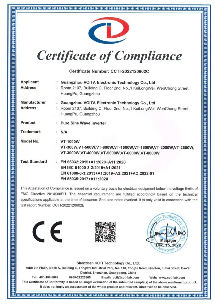 CE EMC Certificate - VOITATOP Pure Sine Wave Inverter VT-1000W to 8000W