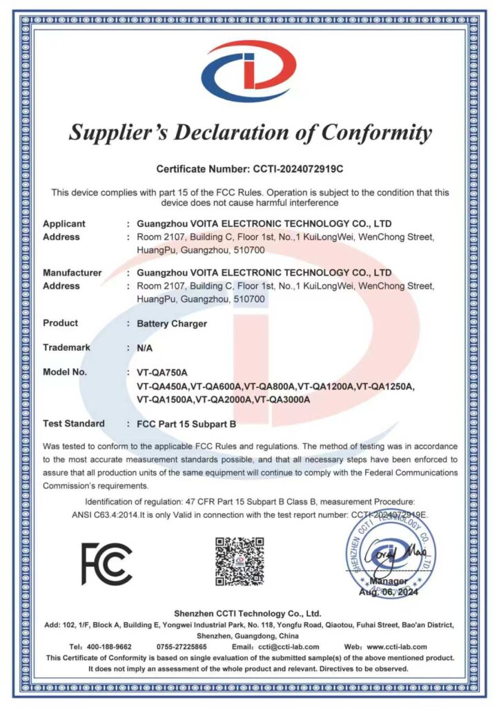 FCC Part 15 Certificate - VOITATOP Battery Charger VT-QA750A series