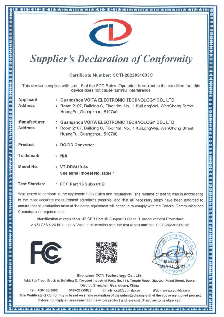 FCC Part 15 Certificate - VOITATOP DC DC Converter VT-DD2419.34