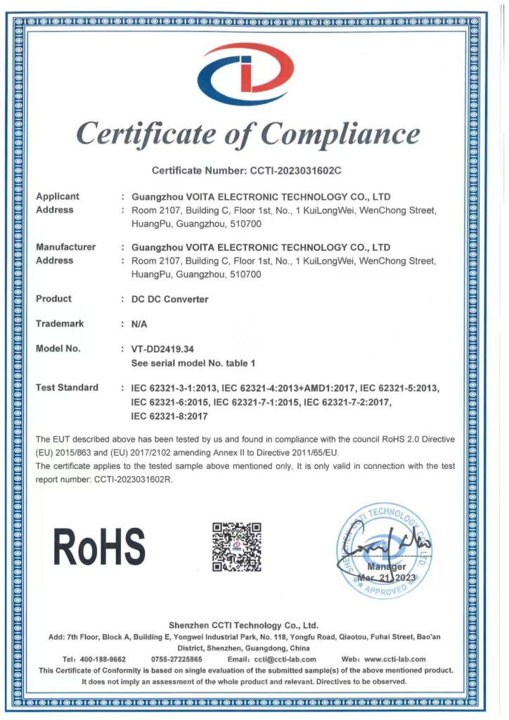 RoHS Compliance Certificate - VOITATOP DC DC Converter VT-DD2419.34